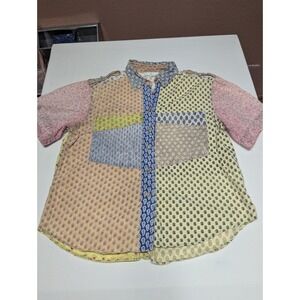 Vintage Sacred Threads Patchwork Block Print Cotton Button Down Shirt Large